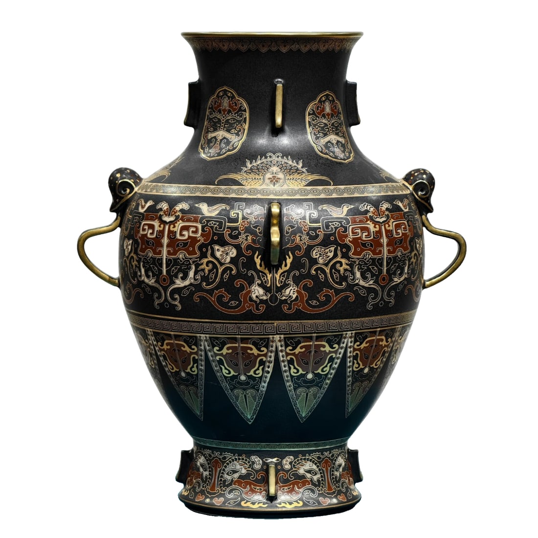 Qing Dynasty Qianlong Style Copper Colored Vase with Gold Painted and Fully Decorated with Qilong: An ancient bronze-colored porcelain gourd-shaped Zhi with gilded dragon and beast patterns from the Qianlong period of the Qing Dynasty. Height 39cm, width 30cm. The Zhi is covered with ancient bronze