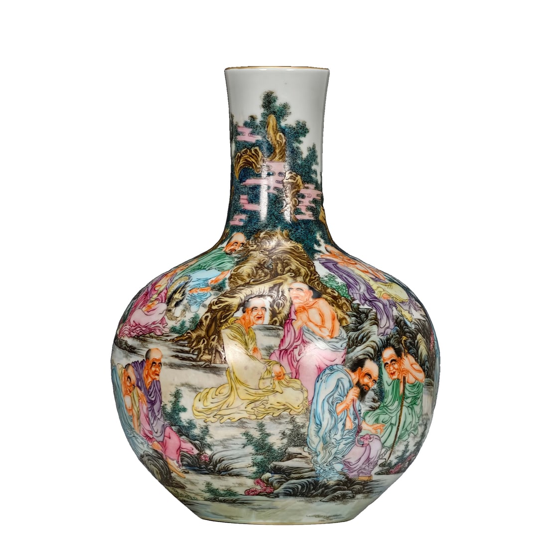 Qing Dynasty Qianlong style, fully decorated famille-rose porcelain celestial globe vase with: Qing dynasty Qianlong style, exquisitely crafted full-body famille-rose porcelain celestial sphere vase with the pattern of the eighteen arhats. Height 53cm, width 36cm. The celestial sphere vase is p