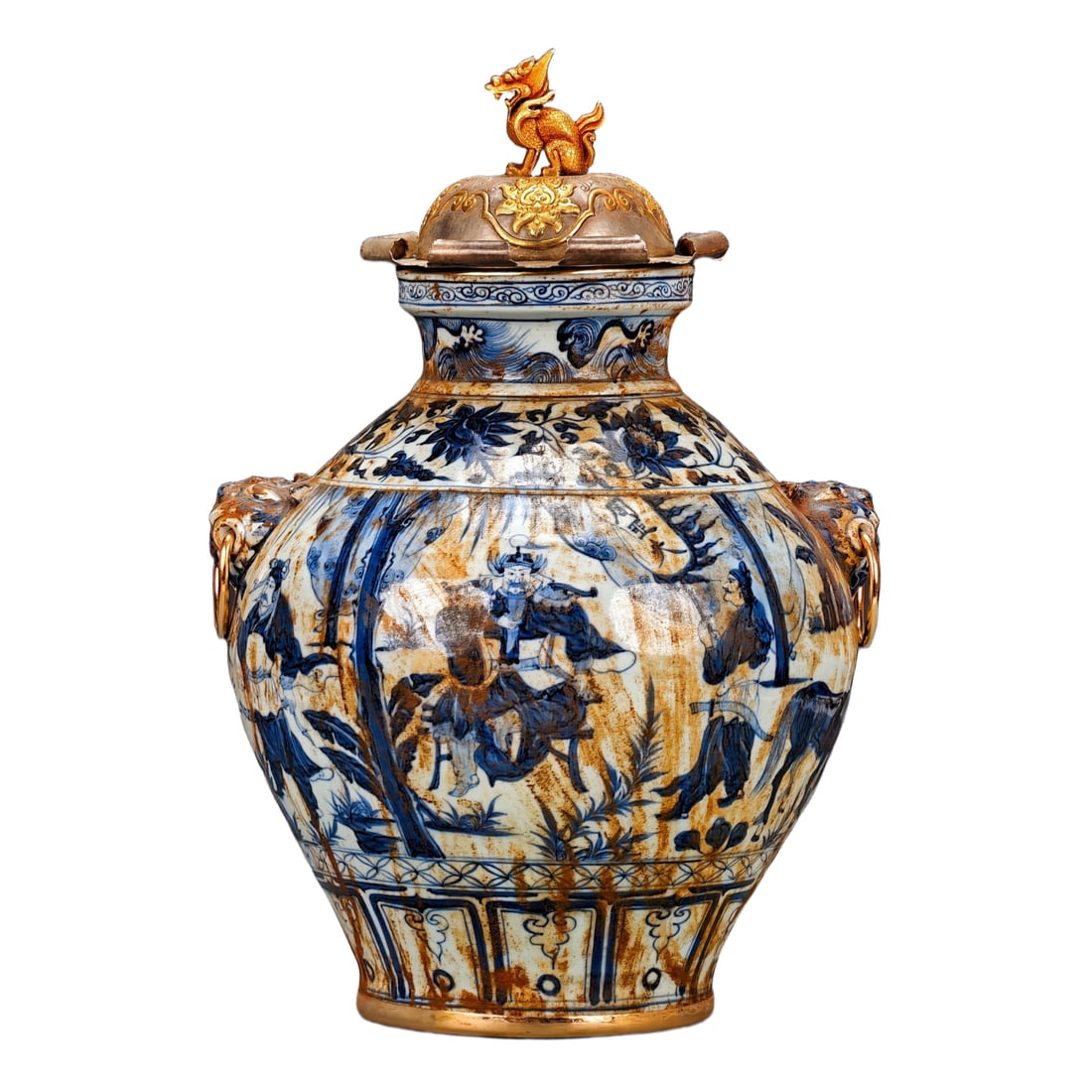 Yuan Dynasty Style Blue and White Beast-Headed Ring-Holding Covered Jar: Yuan Dynasty style blue and white porcelain with interlocking lotus and animal head handle cover jar by Zhou Yafu. Height: 53cm, width: 35cm. Cover: engraved and gilt copper. Handle ears: gilt copper.
