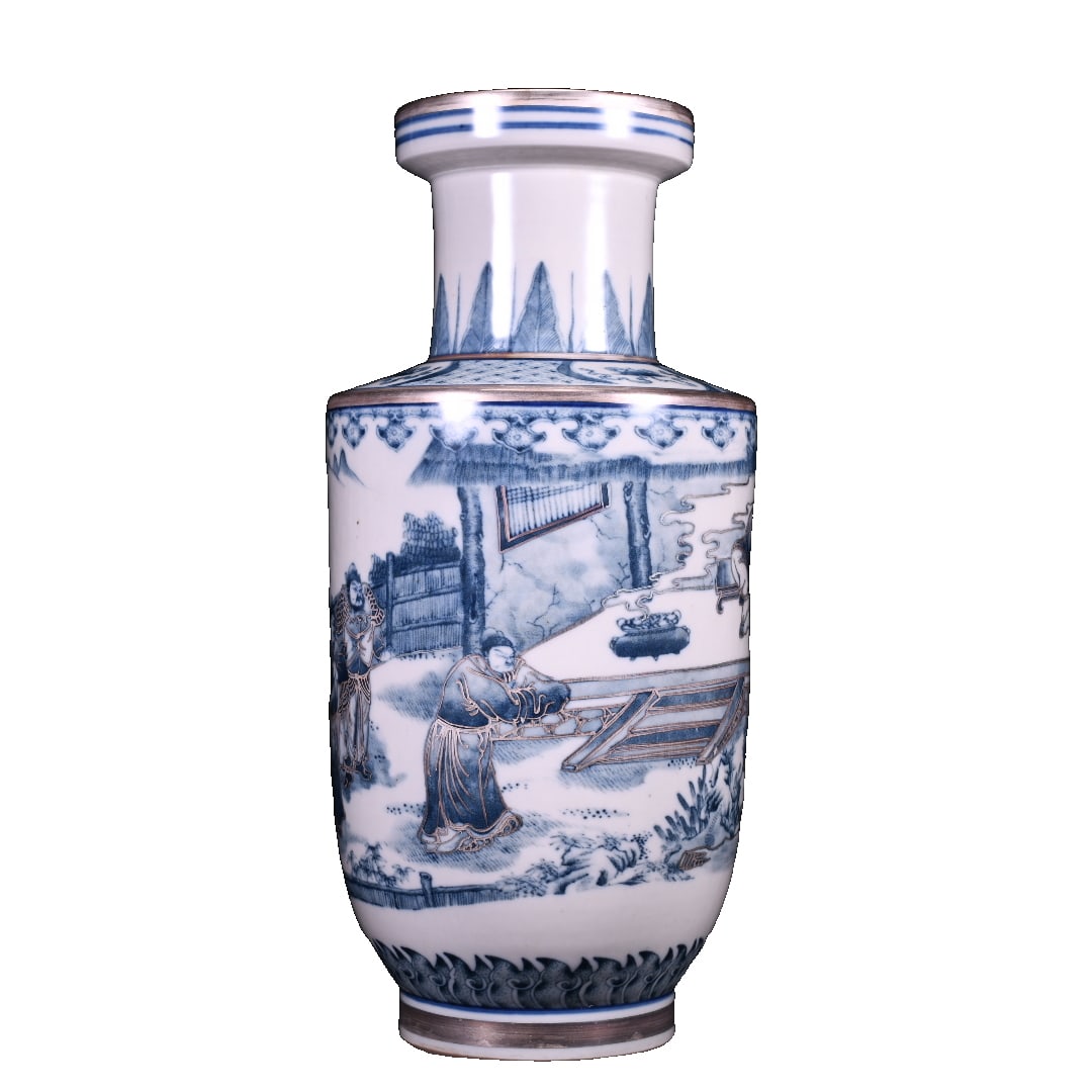 Qing Kangxi Style Blue and White Silver Inlaid Figure Story Pestle Bottle (1 of 10)