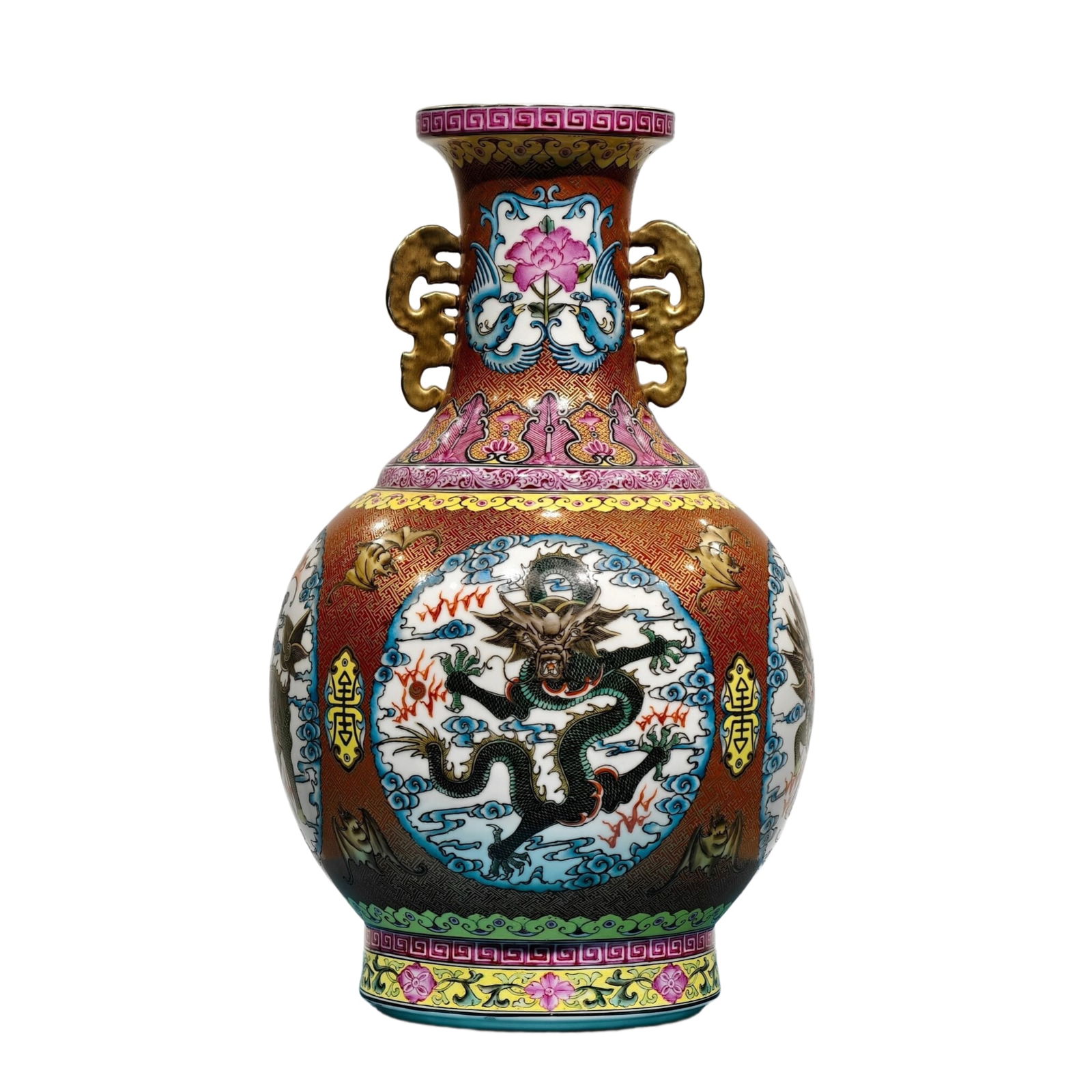 Qing Yongzheng Style Gilt Enamel Colored Auspicious Beast Kirin Dragon Handle Vase: A Yongzheng-style Qing dynasty cloisonné enamel vase with gold accents, featuring four windows with auspicious beasts, a dragon, and a kylin. It stands 43 centimeters tall and 24 centimeters wide. Th