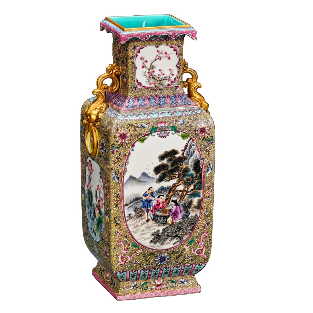 Qing Dynasty Qianlong Style Cloisonné Enamel Square Vase: Qing Dynasty Qianlong style enamel color ancient Yuexuan craft mat with a window painting of a chess game and Lin Hejing's love crane painting. Height: 46cm, width: 22cm. The entire composition is ful