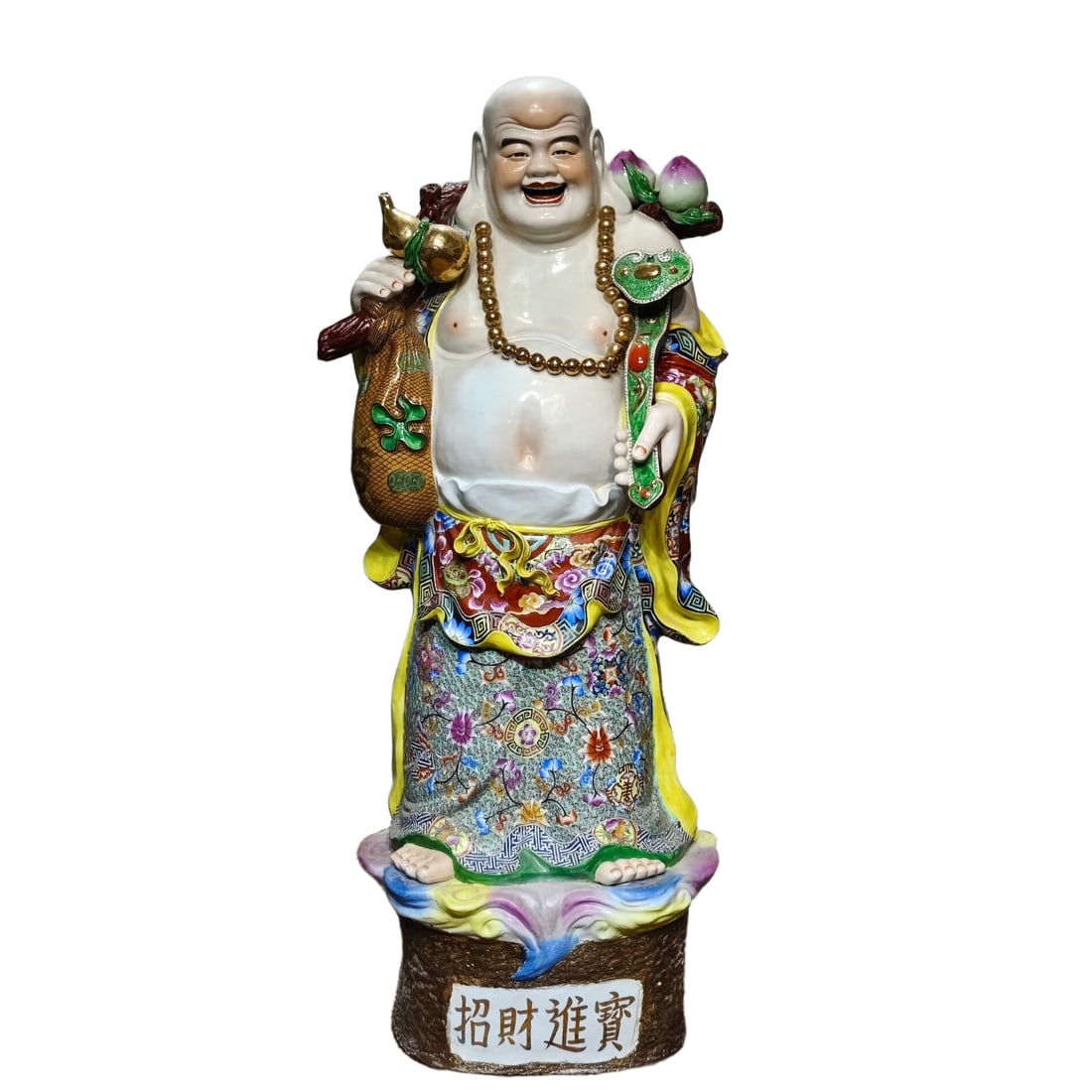 Fine craftsmanship of the 1940s and 1950s, fully painted colored glaze, happy Buddha, Maitreya: Large-sized, exquisitely crafted, fully embellished, pastel-colored porcelain sculpture of a Maitreya Buddha standing figure from the 1940s and 1950s, height 165cm width 66cm. Freight: 1.International