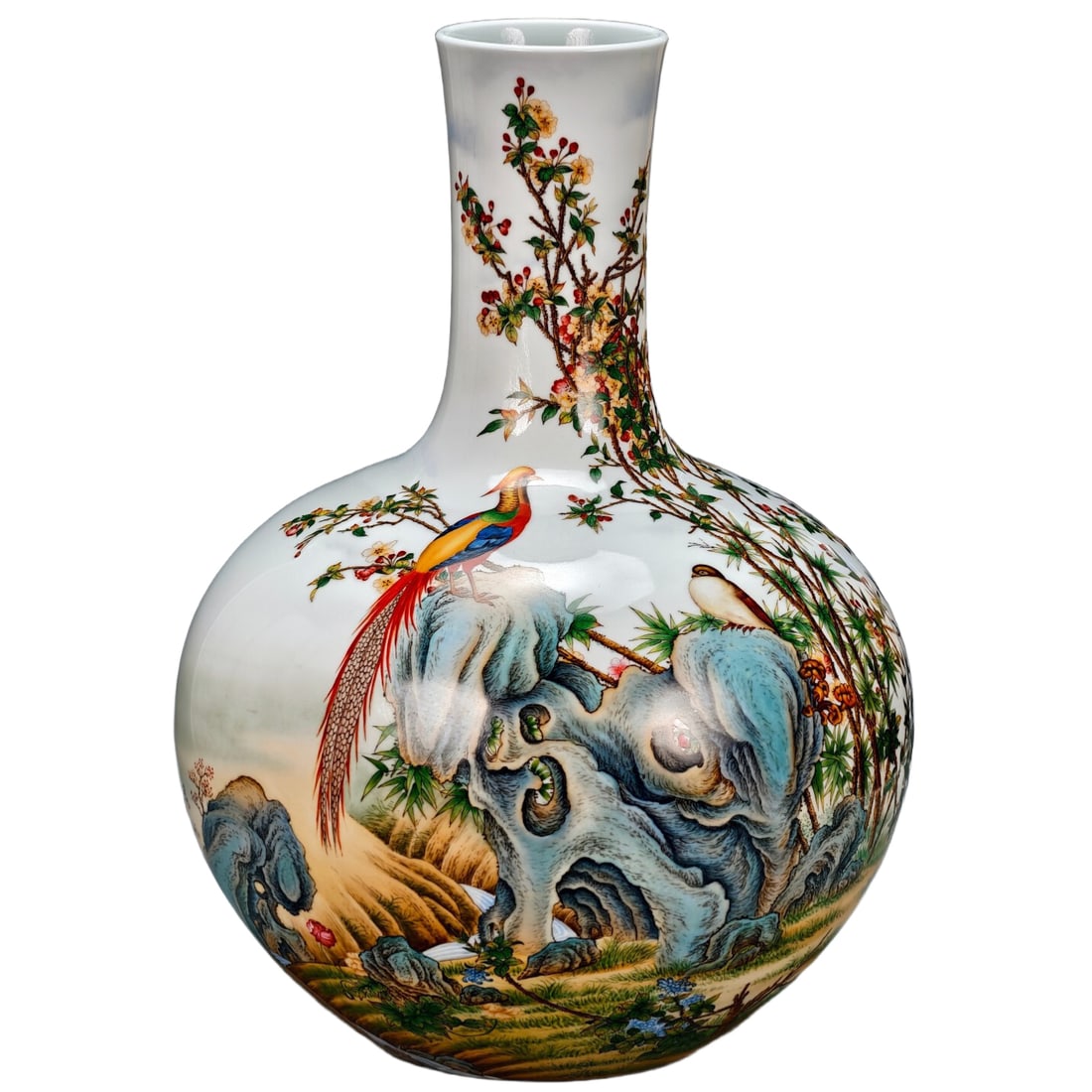 Qianlong-style enamel and famille-rose painted celestial globe vase with a continuous floral design: A Qing Dynasty Qianlong period famille rose enamel vase with a continuous landscape painting of brocade and floral designs. It measures 52cm in height and 36cm in width. The vase, as depicted, is exqu