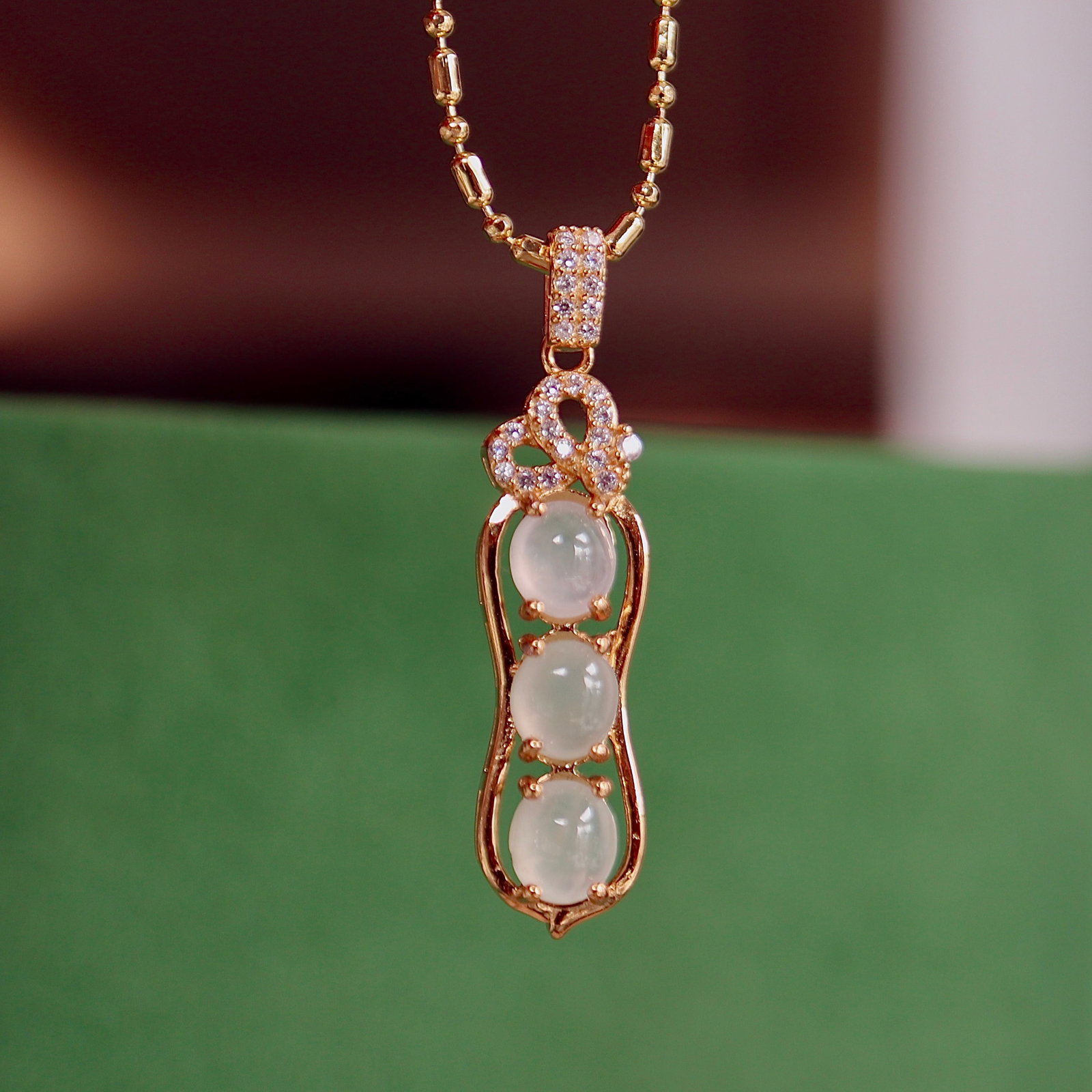Natural White Ice Jadeite Lucky Bean Necklace S925 Sterling Silver Plated with Rose Gold: Natural White Ice Jadeite Fudou Necklace with S925 Sterling Silver Plated with Rose Gold