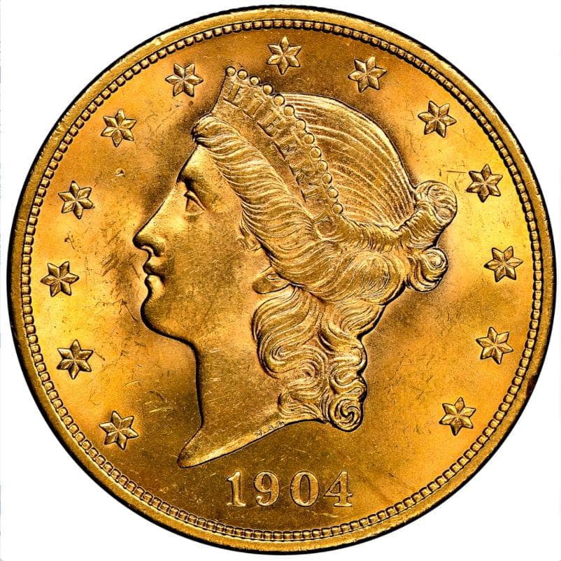American 20 Dollar Proof Gold Coin, Antique Coin with Liberty Head: This is a $20 gold coin featuring the head of the Statue of Liberty from the United States.The obverse features the Statue of Liberty, wearing a crown known as the 'Cap of Liberty,' surrounded by 13 s