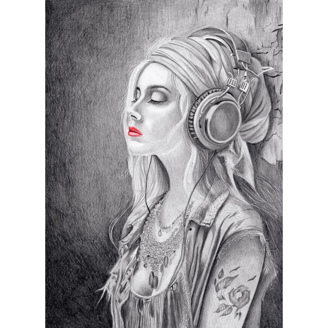 Pencil Drawing 'My Song, My Life' B5 Size: This is a pencil drawing titled 'My Song, My Life'. Pencil artist: Anne Fugang. Dimensions: 26.7 centimeters x 19.5 centimeters Freight: 1.International Shipping: Foreign shipping costs are determined