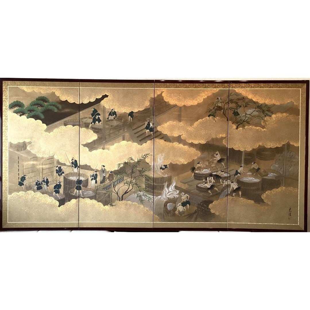 Four-fold screen, Japanese painting, gold powder painted on Japanese paper (1 of 10)