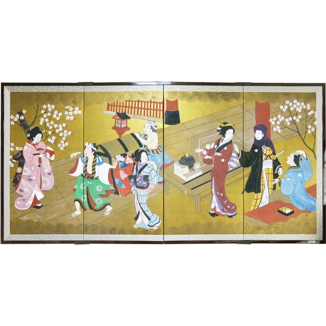 Four-fold screen, Japanese painting, gold leaf coloring, cherry blossom viewing (1 of 10)