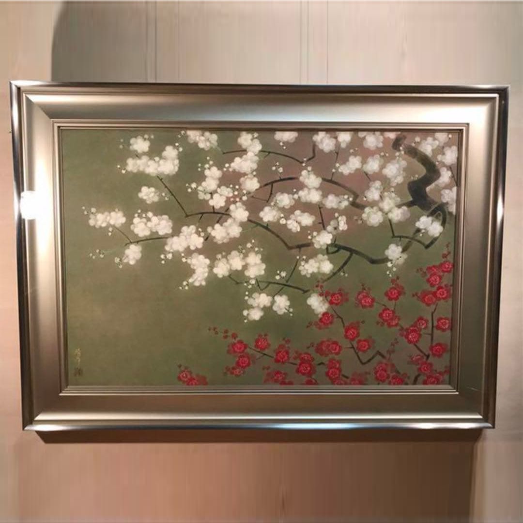 Murata Haruhiko 'Red Plum and White Plum' Japanese oil painting, M25 size, signed and stamped (1 of 10)