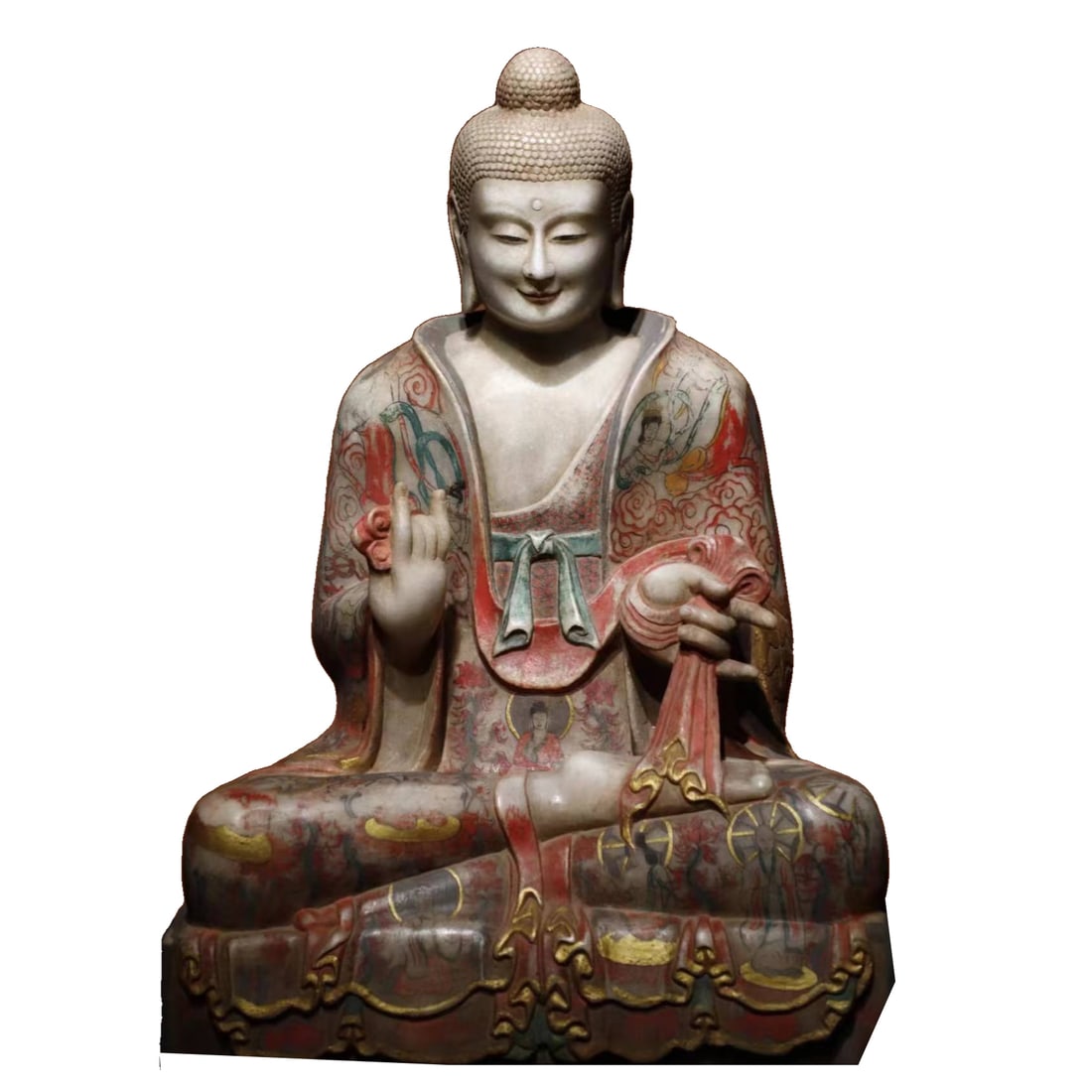 Marble painted Buddha statue: This is a Han white jade painted Buddha statue of considerable artistic value. It features exquisite craftsmanship and is richly adorned with colors, offering outstanding visual effects. The dimension