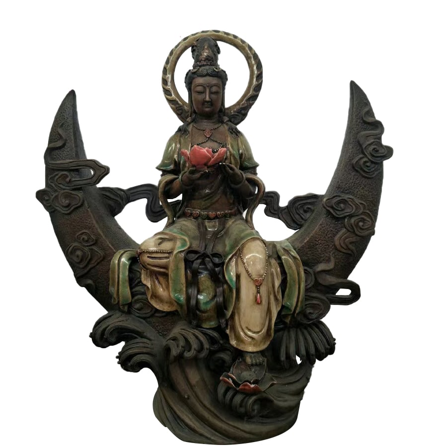 A glazed purple clay Guanyin Bodhisattva statue: A purple clay glazed Guanyin Buddha statue, 42x17x48 centimeters. Handmade by a famous artist, exquisitely carved, first-class condition, and well-preserved. Freight: 1.International Shipping: