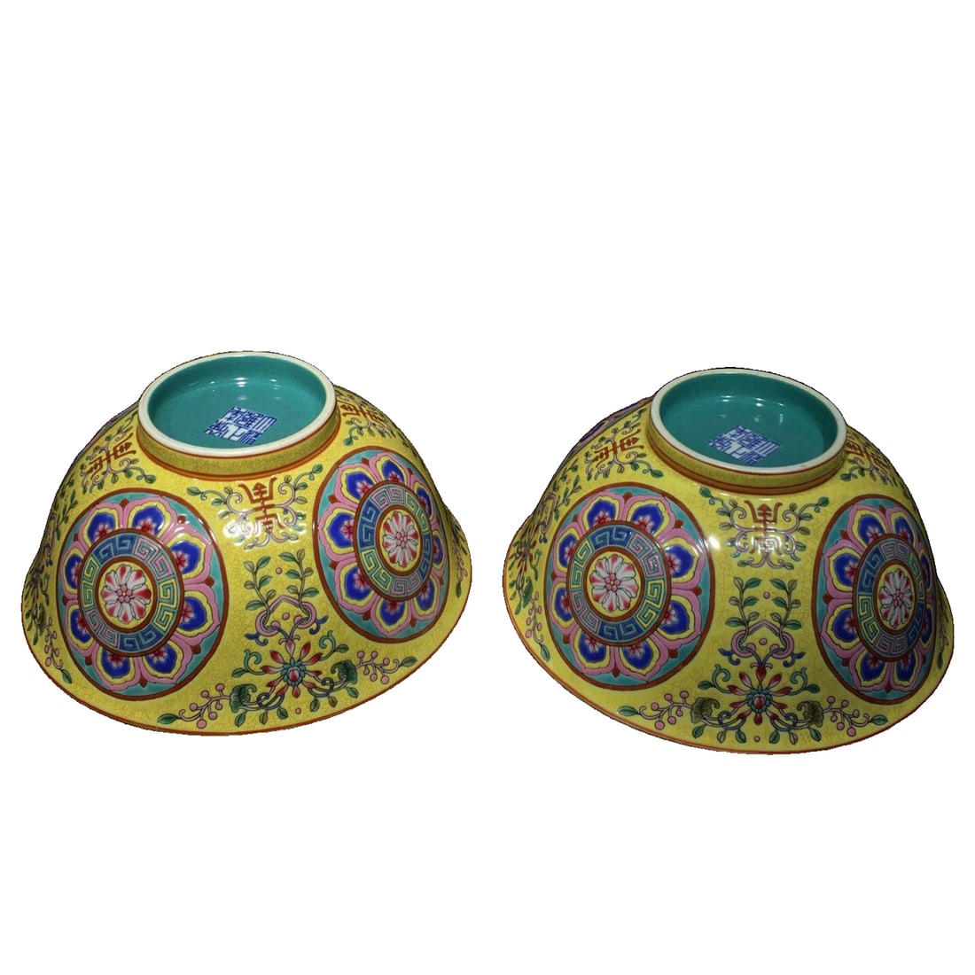 A Pair of Cloisonné Enamel Porcelain Yellow Ground Glaze Flower Birthday Bowls: A pair of cloisonné porcelain yellow-ground glazed floral longevity bowls, 'good fortune is in sight.' The glaze is thick and lustrous, with a body covered in turquoise fine lines and crackles,