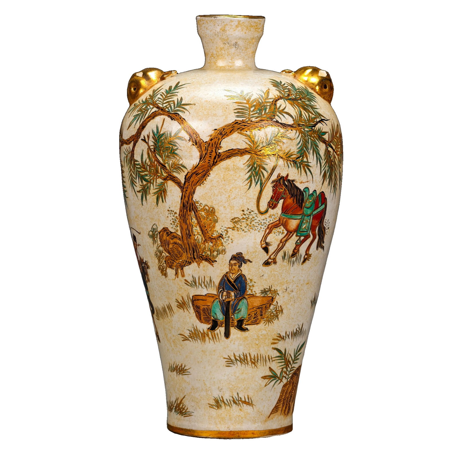 Song Dynasty style Cizhou celadon with colored and gilded figures and story patterns animal-headed: A Cizhou ware white porcelain plum vase with overglaze enamel and gilt decoration depicting figures and stories, featuring animal head handles, made in the seventh year of the Chunyou reign of the
