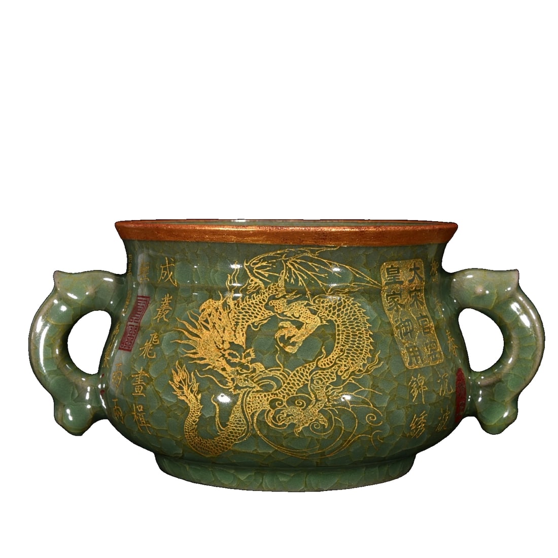 Song Dynasty style official kiln green glaze ice crack pattern mouth inscription gilding dragon (1 of 10)