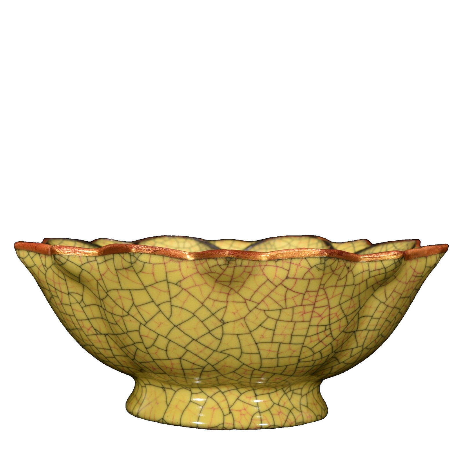 Song Dynasty Style Ge Kiln Yellow Glaze Bowl with Inscriptions and Gold-Plated Phoenix Design: This Song Dynasty Ge Kiln yellow-glazed bowl with a mouth rim inscription and gilded phoenix design is 7.5 centimeters tall and has a diameter of 19 centimeters; it is a piece of porcelain of great ar