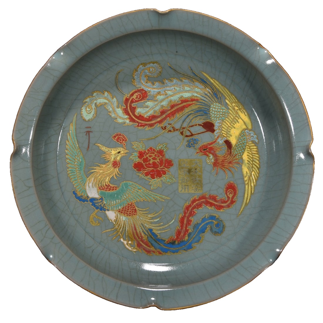 Song Dynasty style Ru Kiln night glow gold-painted multicolored phoenix pattern petal-mouthed plate (1 of 10)