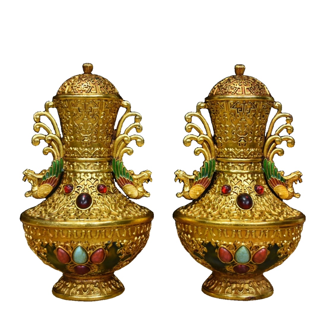 The inlaid enamel with gemstones, a pair of court phoenix-headed vases (1 of 10)