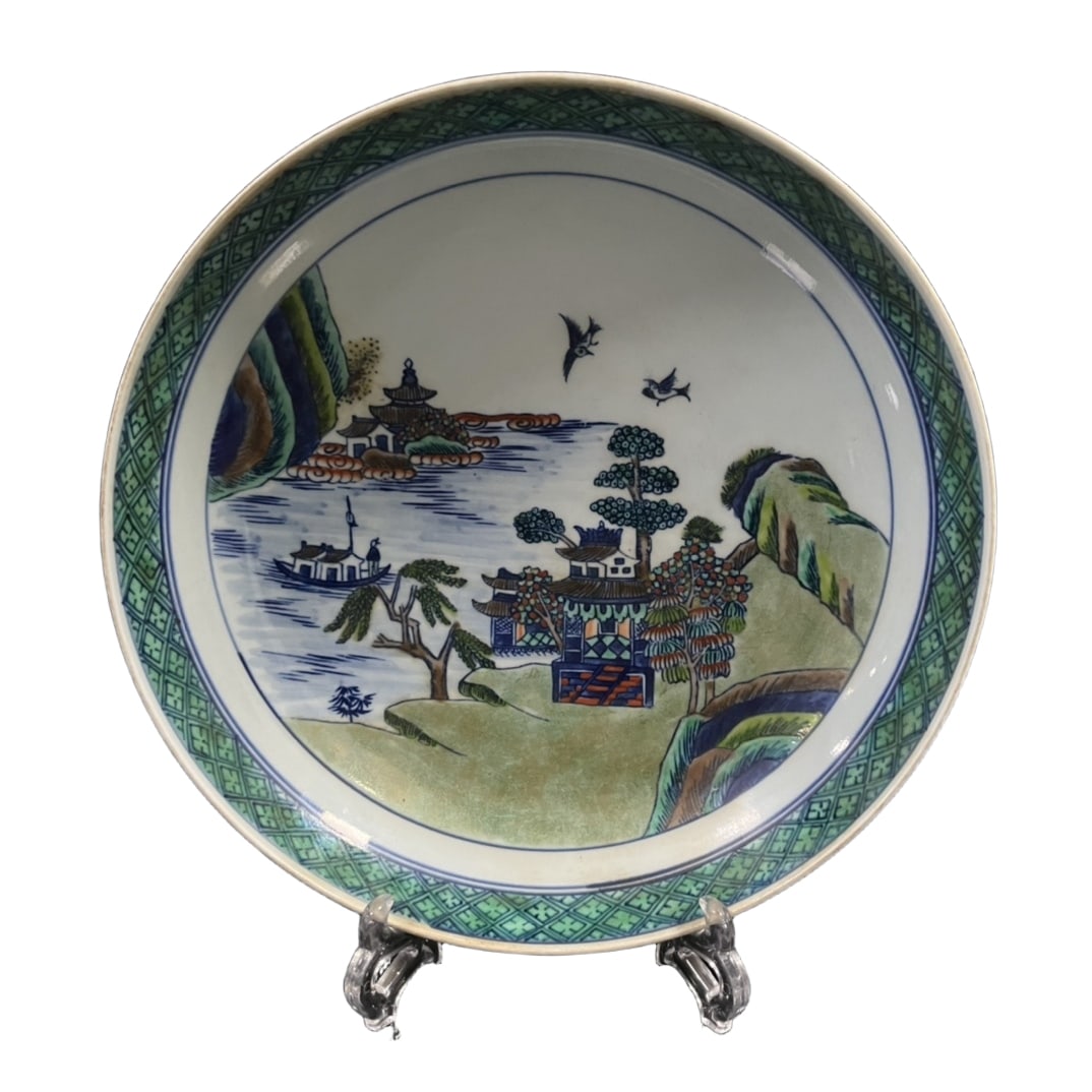 Qing Dynasty Kangxi Period Large Plate with a Scene of Boating on the River by the Mountain (1 of 10)