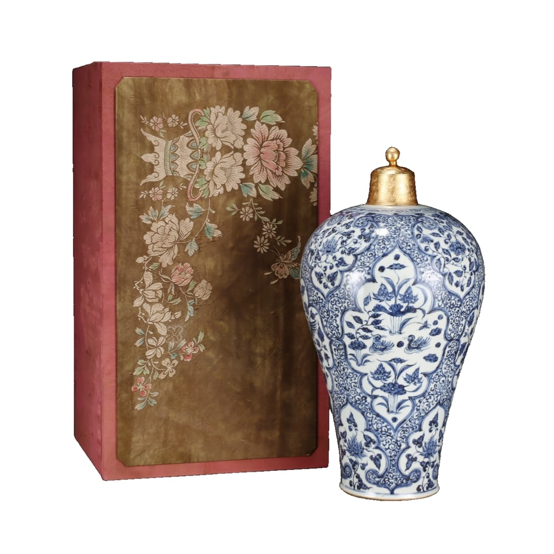 Ming Dynasty style blue and white phoenix and mandarin duck pattern meiping: This Yuan Dynasty blue and white phoenix and mandarin duck patterned plum vase. It is 49 centimeters tall with a belly diameter of 26.5 centimeters. The body of the vase is decorated with blue and whi