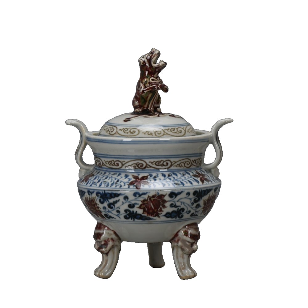 Yuan Dynasty Style Blue and White Porcelain Incense Burner with Underglaze Red Trailing Lotus Design (1 of 9)