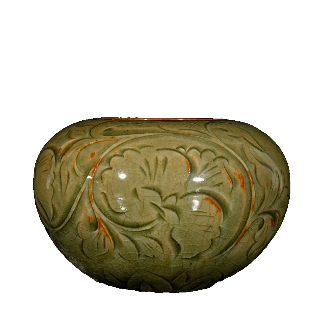 Song Dynasty style Yaozhou Kiln carved interlocking floral pattern ink wash; 7.5x10.5 (1 of 10)