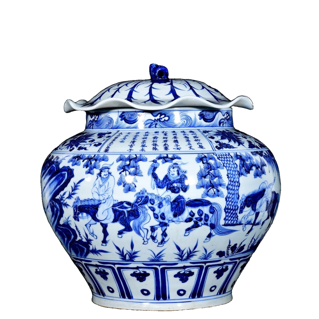 Ming Dynasty Style Blue and White Glaze Lotus Leaf Jar with Story of Zhaojun Going Beyond the: This Yuan Dynasty blue and white 'Zhaowang Chushuai' lotus leaf jar (approximately 42x45 centimeters) is of great artistic value. It depicts the story of Zhaowang Chushuai with blue and white patterns