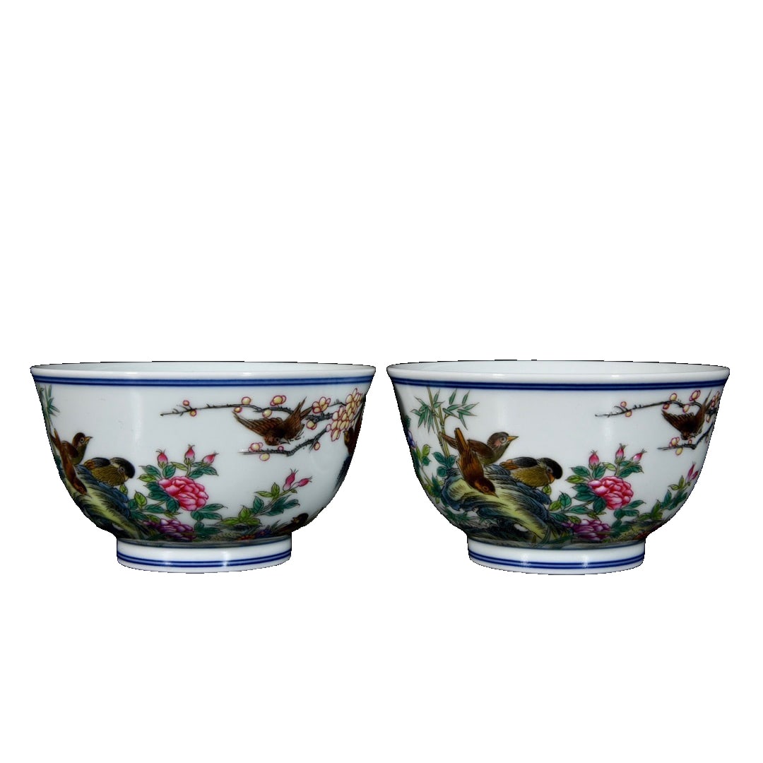 A pair of Qing Kangxi style cloisonné enamel cups with flowers, birds, and bamboo design for peace (1 of 10)