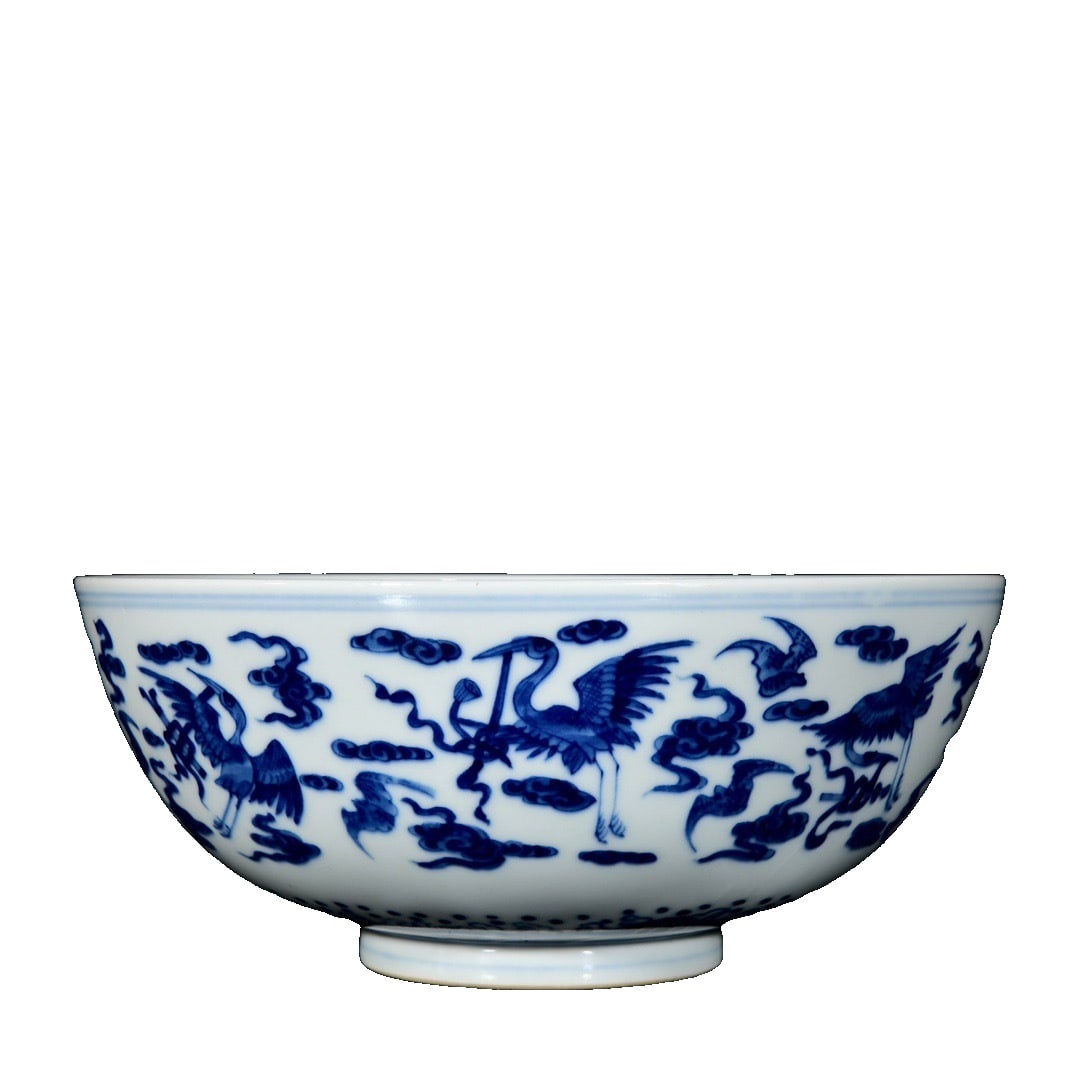 Qing Yongzheng Style Blue and White Porcelain Bowl with Eight Auspicious Symbols and Cranes (1 of 10)