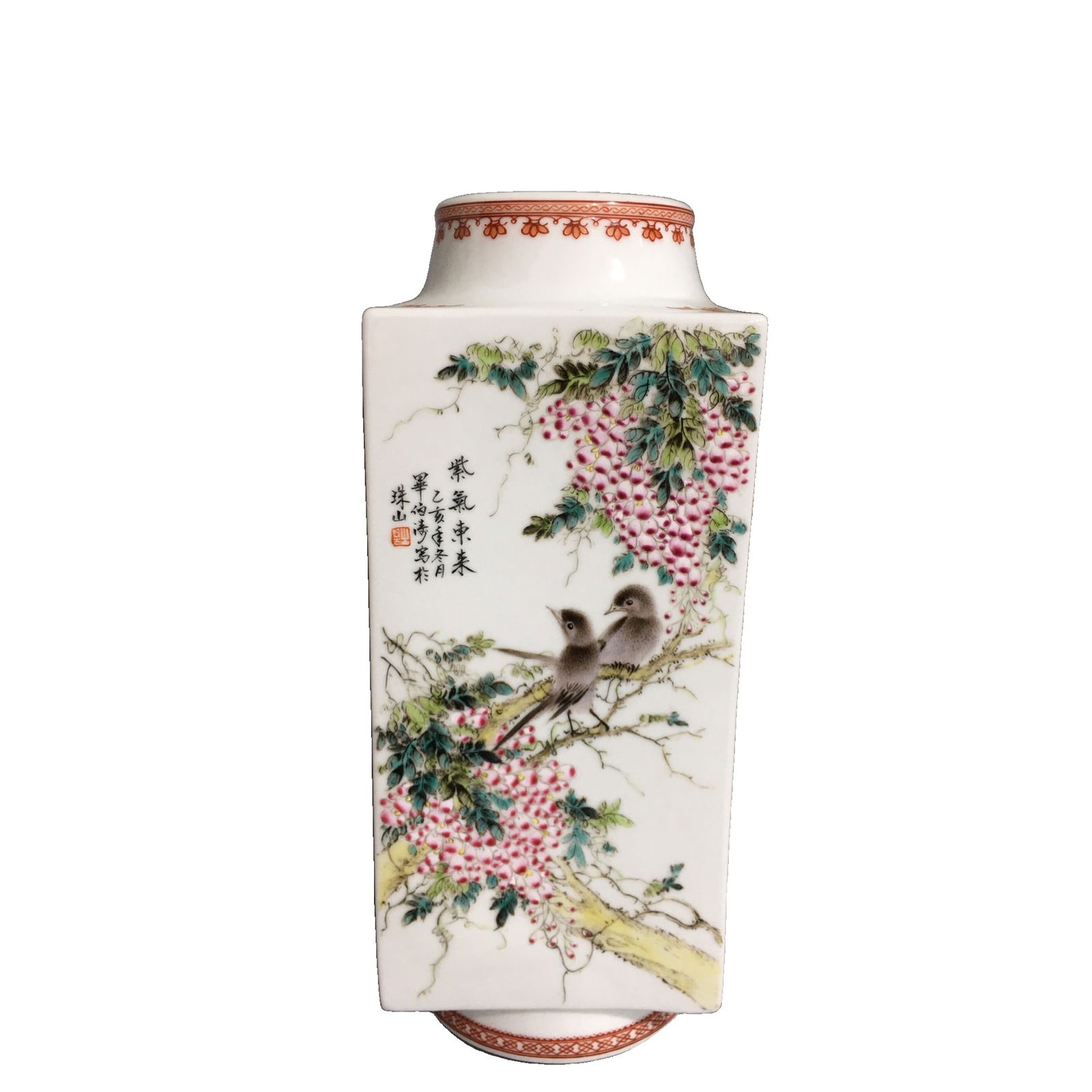 Eight Friends of Zhushan Hand-Painted Powder Color Flower and Bird Square Vase: The Zhushan Eight Friends hand-painted famille rose square vase has a mouth diameter of 9cm, a belly diameter of 12cm, and a height of 30cm. The vase body is adorned with a scene of flowers and birds,