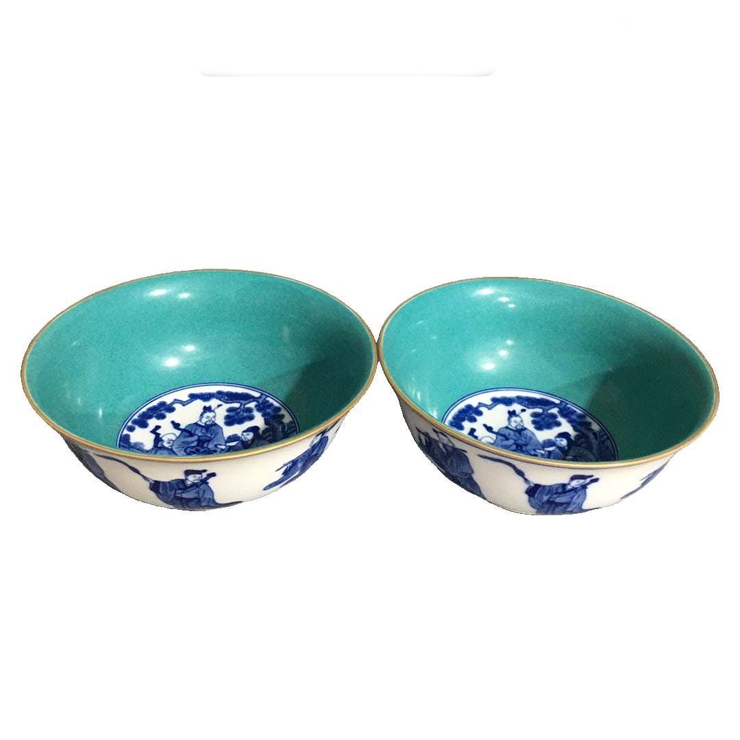 Qing Yongzheng Style Blue and White Porcelain Bowl with Eight Immortals and Gold Outline (1 of 10)