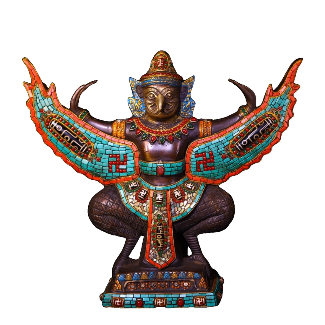 Handcrafted copper, inlaid with celestial gemstones, Great Golden Eagle Bird: Handmade copper, inlaid with sky treasure and gemstones, the Garuda bird with golden wings, 30 cm high, 35 cm wide, weighs about 8500 grams Freight: 1.International Shipping: Foreign shipping costs ar