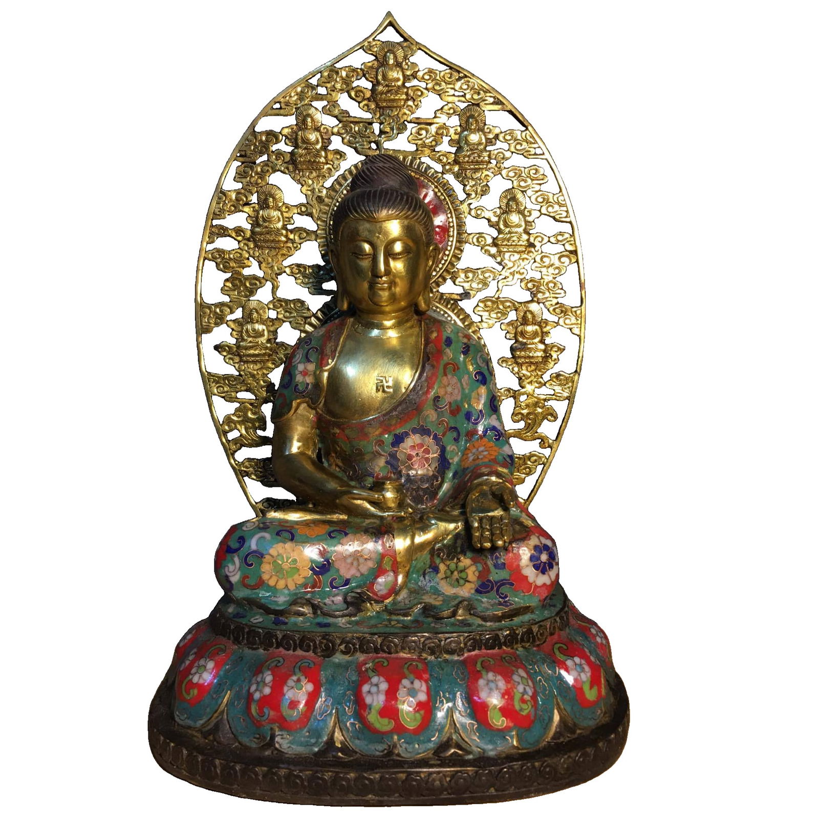 Cloisonné with Backlit Guanyin: Cloisonne with backlit Guanyin, 42 cm tall, 25 cm wide, 22 cm thick, weighing 12 jin. Freight: 1.International Shipping: Foreign shipping costs are determined by the destination. 2.Photos, description