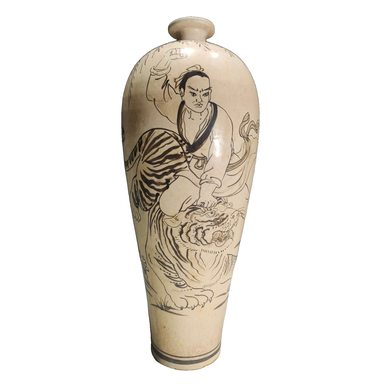 Song Dynasty style Cizhou old kiln, poem inscribed with Wu Song fighting the tiger pattern meiping: Song Dynasty style Cizhou old kiln, poetry pattern Wu Song fighting the tiger meiping vase, 40x15 centimeters. It is well-preserved. Freight: 1.International Shipping: Foreign shipping costs are