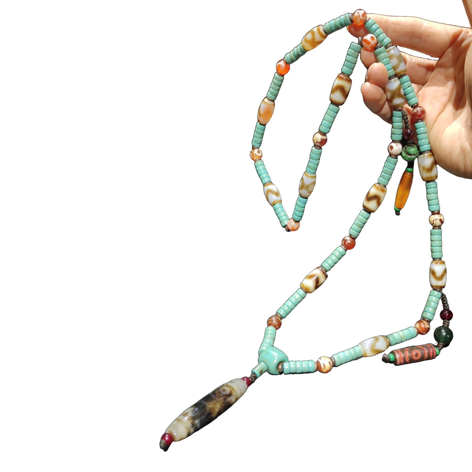 A Qing dynasty heirloom turquoise jade bead necklace, with a celestial bead accessory (1 of 10)