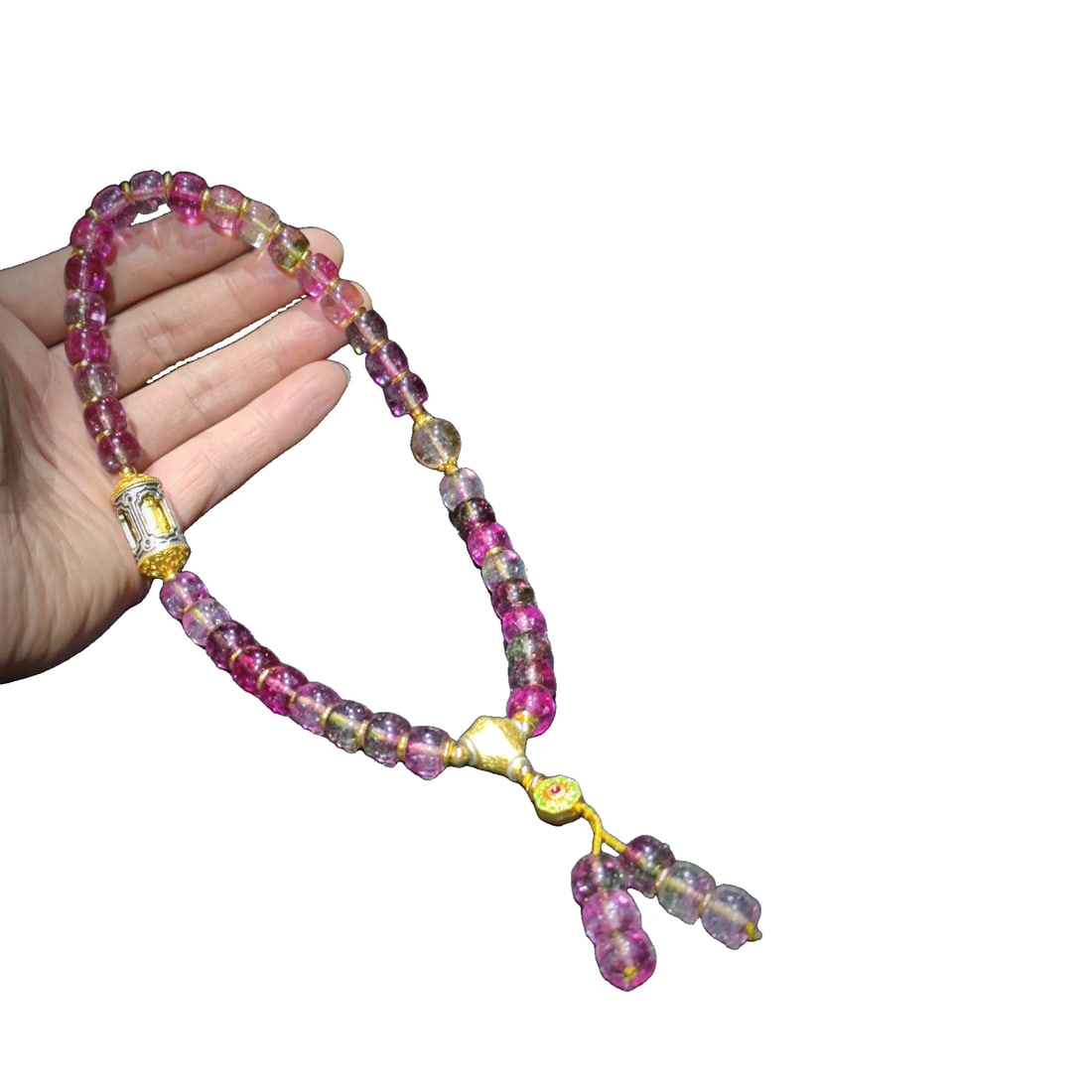 Natural Tourmaline Gemstone Handheld: Natural Tourmaline Gemstone Handheld, Gold Triflow, Gold and Silver Prayer Wheel - Size 10.3mm, Weight 87.4 grams Freight: 1.International Shipping: Foreign shipping costs are determined by the destin