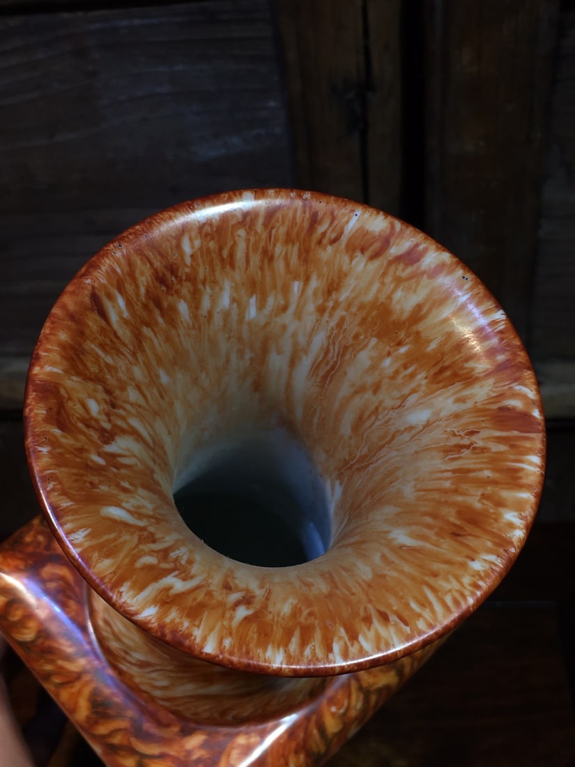 Enamel-painted porcelain wood grain glaze square vase with openwork floral design - 11