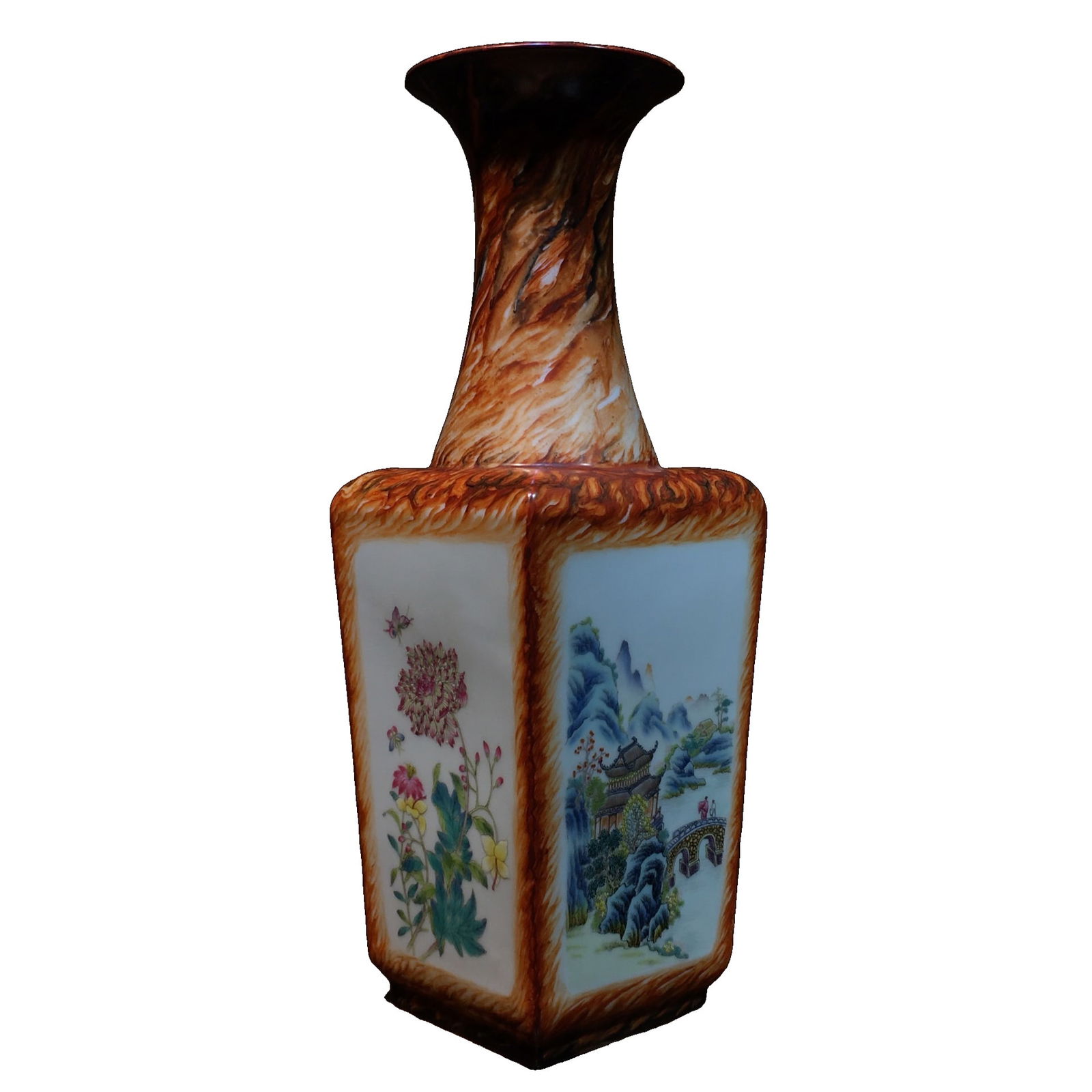 Enamel-painted porcelain wood grain glaze square vase with openwork floral design: A square vase with famille rose enamel porcelain, featuring a wood grain glaze and openwork floral and landscape designs. The glaze is thick and rich, with a smooth, flowing texture. It measures 318mm