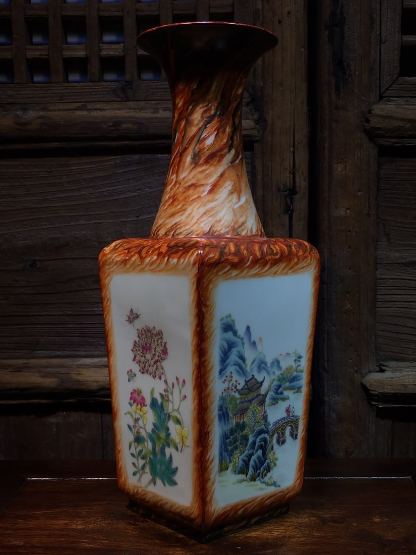 Enamel-painted porcelain wood grain glaze square vase with openwork floral design - 2