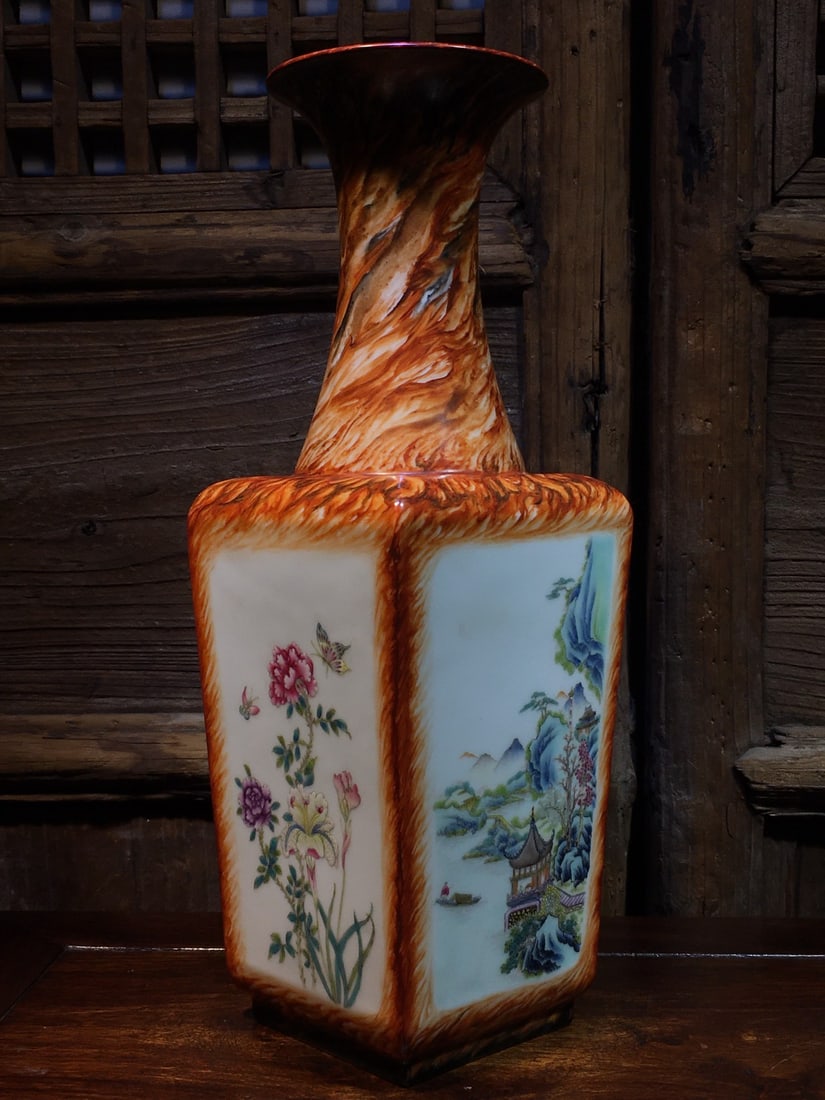 Enamel-painted porcelain wood grain glaze square vase with openwork floral design - 6