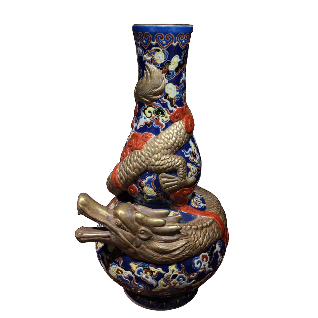 Enamelled Celadon Glaze Gourd-shaped Vase with Gold Inlaid Dragon Design: A famille rose enamel vase with a gilded and carved dragon design, featuring a large dragon plate and a long-necked gourd vase adorned with mustard green flowers. The vase is fully covered with turquo