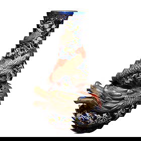 Enamelled Celadon Glaze Gourd-shaped Vase with Gold Inlaid Dragon Design: A famille rose enamel vase with a gilded and carved dragon design, featuring a large dragon plate and a long-necked gourd vase adorned with mustard green flowers. The vase is fully covered with turquo