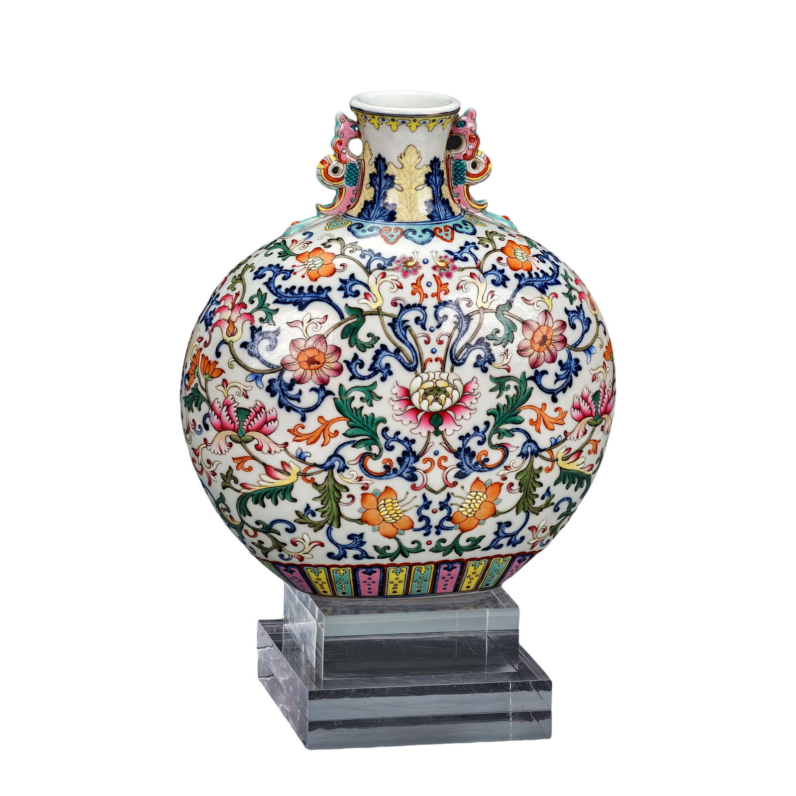 Qing Dynasty Qianlong style blue and white overglaze famille rose full painting interlocking lotus: A Qianlong-era (1736-1745) blue-and-white famille rose moon-shaped vase with phoenix-ear handles, decorated with a continuous lotus scroll design. It measures 30.5cm in height, 26.5cm in length, and 1