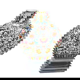 Qing Dynasty Qianlong style blue and white overglaze famille rose full painting interlocking lotus: A Qianlong-era (1736-1745) blue-and-white famille rose moon-shaped vase with phoenix-ear handles, decorated with a continuous lotus scroll design. It measures 30.5cm in height, 26.5cm in length, and 1