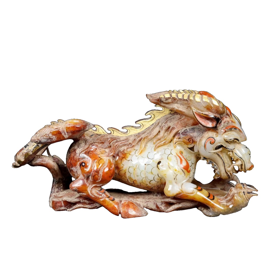 Hetian Jade White Beast Zaoxiang Ornament: Ancient Hetian jade - Mythical beast Bai Ze, with fine carving and perfect condition, overall natural bone coloration, colored painting all around, thick and ancient patina, with fine and glossy textu