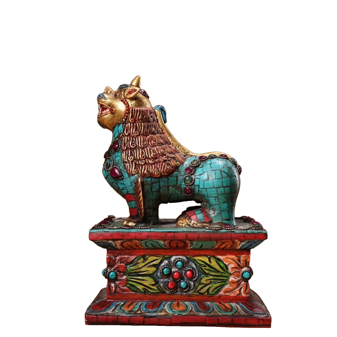 Copper-colored painted inlaid gemstone gold-outlined exorcism Tibetan lion: Cloisonné with gemstones, gold-inlaid, auspicious Tibetan lion, exquisitely crafted. Elegant design and style. Weight: 2500 grams. Height: 21 centimeters. Width: 14 centimeters. Freight: