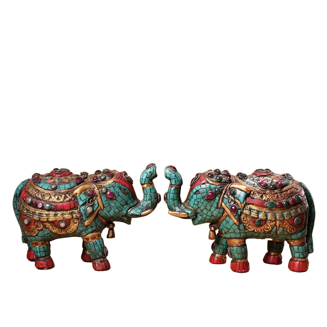 Inlaid Gemstone Colored Painted Gilded Taiping Elephant - A Pair of Auspicious Taiping (1 of 10)