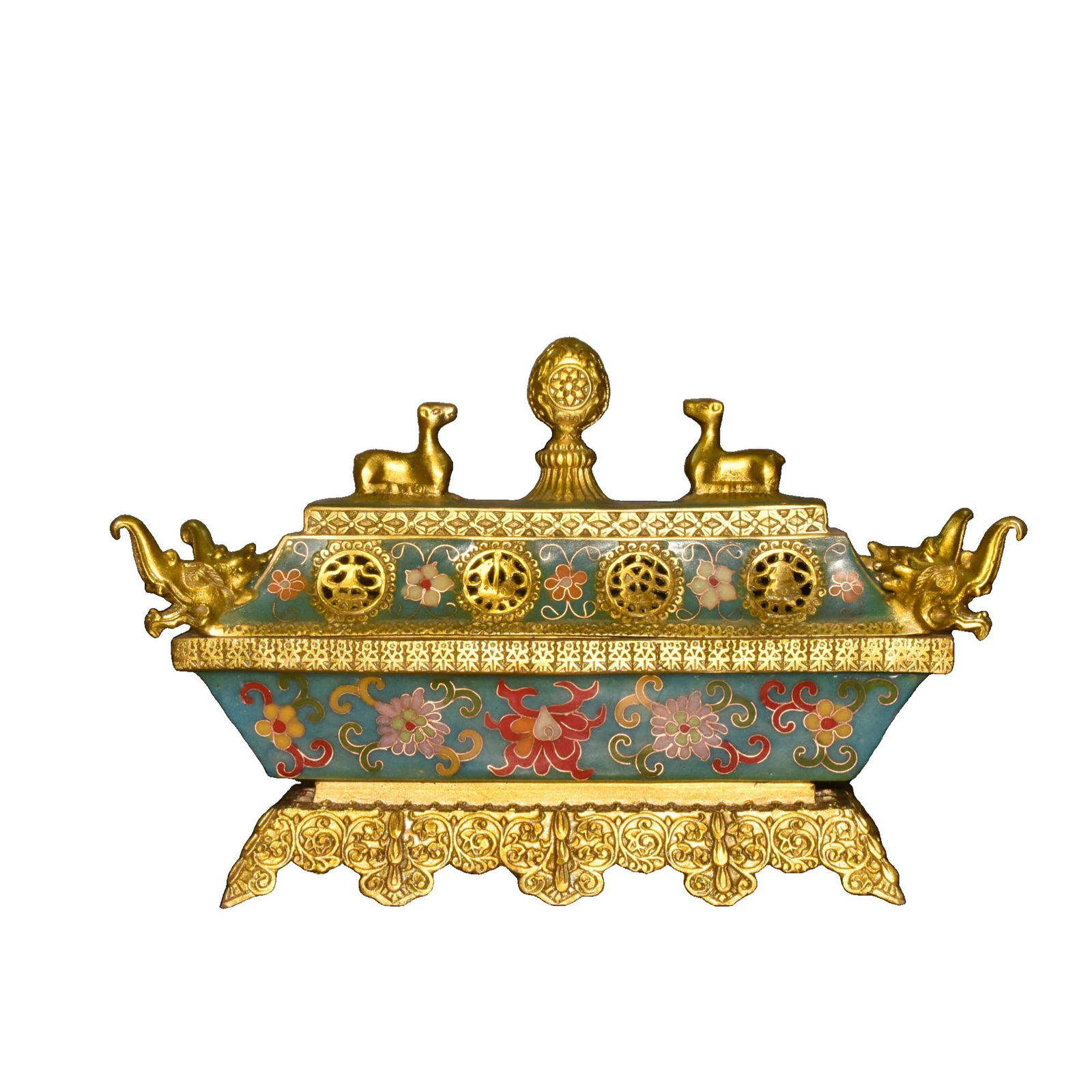 Cloisonné four-clawed dragon head rectangular deer lid incense burner: Cloisonne square dragon head rectangular deer cover incense burner, width 28 cm, depth 10 cm, height 19 cm, weight about 1850 grams Freight: 1.International Shipping: Foreign shipping costs are determ