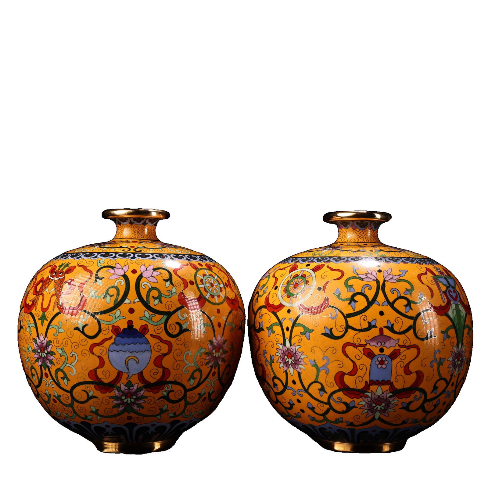 Court Imperial Collection Pure Copper Body Gilt Cloisonné Enamel Auspicious Eight Treasures Vase: Rare Collection - Imperial Court Pure Copper Body Gilt Cloisonné Enamel Auspicious Eight Treasures Vase PairExquisite Craftsmanship - Elegant Shape and DesignWeight: 1700 grams Height: 24 cm Width: 2