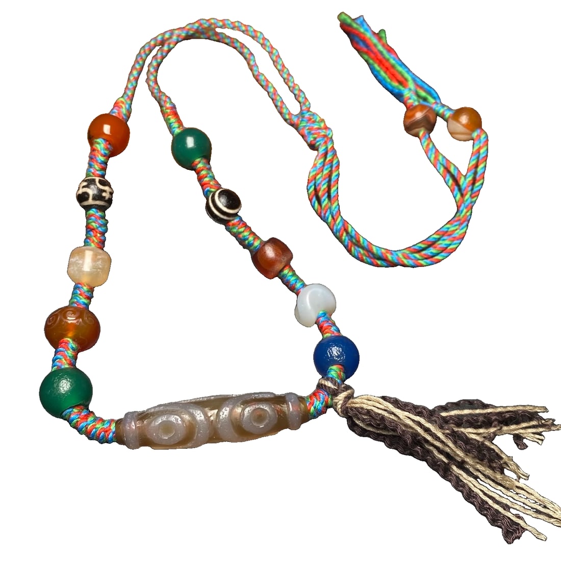 Three-eyed dzi bead paired with an antique agate multi-gemstone woven necklace (1 of 10)